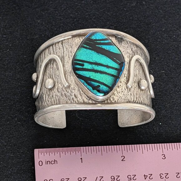 Rula Glass Jewelry - Large & Heavy MAJESTIC Green Sterling Silver Dichroic Glass Bracelet, 2014 made